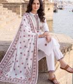 White embroidered straight kurta trousers with dupatta set