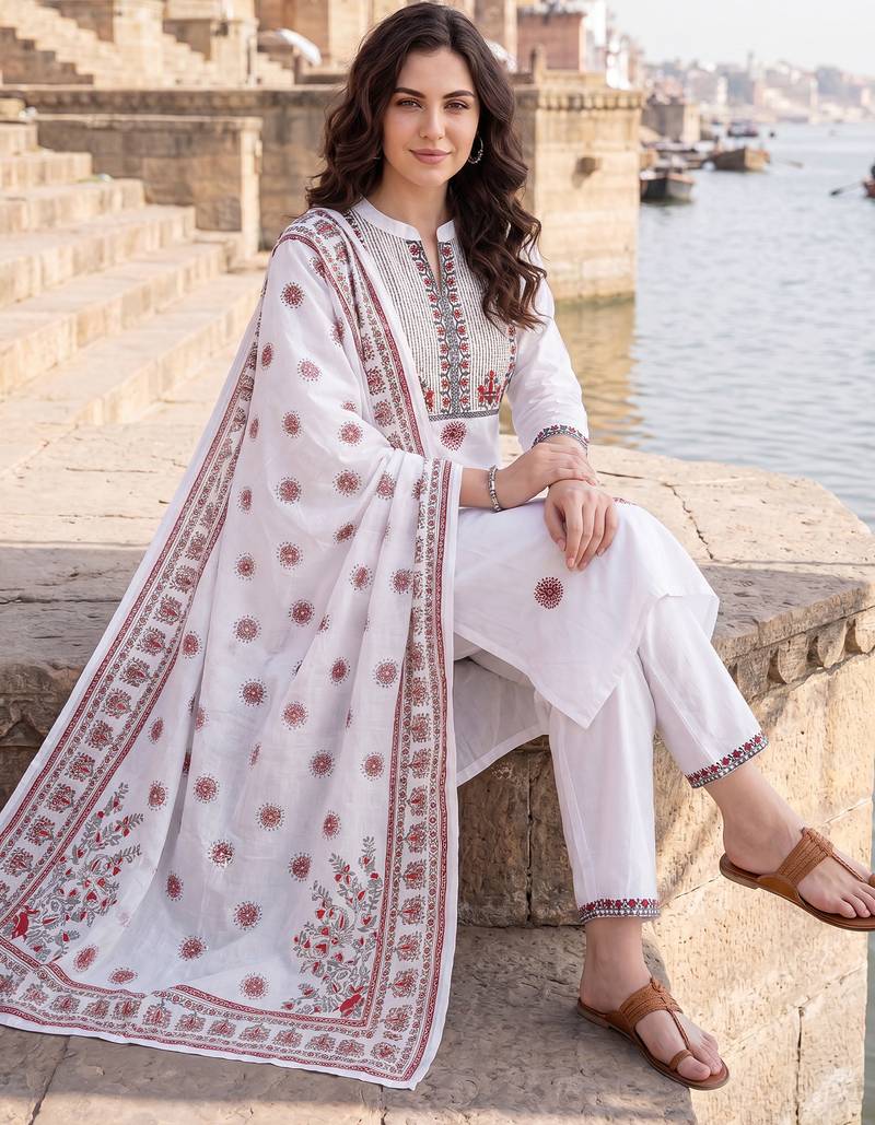 White embroidered straight kurta trousers with dupatta set
