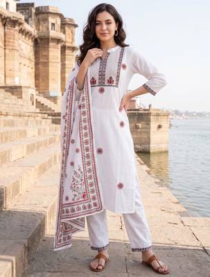 White embroidered straight kurta trousers with dupatta set 3