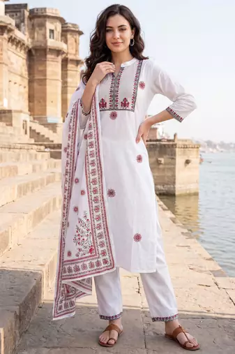 White embroidered straight kurta trousers with dupatta set