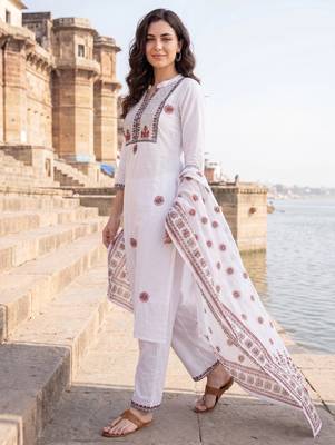 White embroidered straight kurta trousers with dupatta set 4