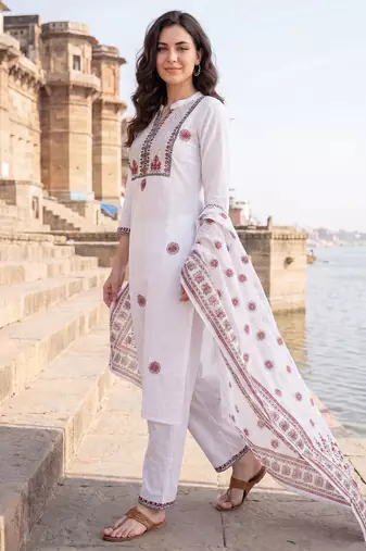 White embroidered straight kurta trousers with dupatta set