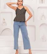 Black cotton printed top for women