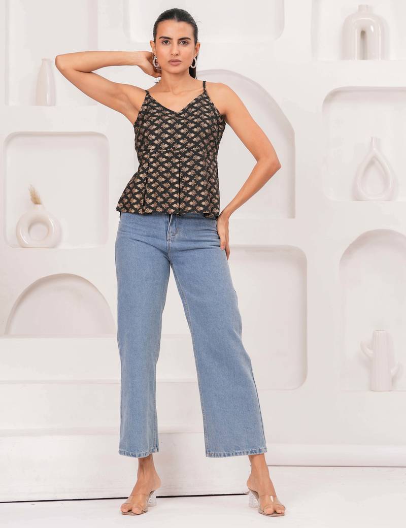 Black cotton printed top for women