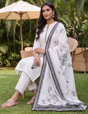 White printed straight kurta palazzo with dupatta set 1