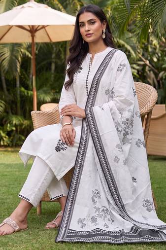 White printed straight kurta palazzo with dupatta set
