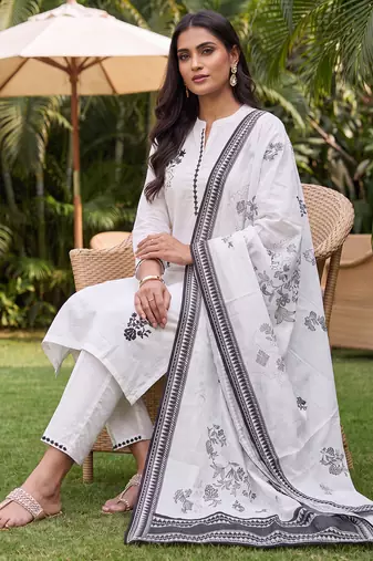 White printed straight kurta palazzo with dupatta set