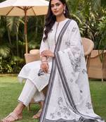 White printed straight kurta palazzo with dupatta set