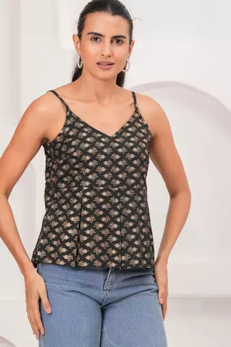 Black cotton printed top for women