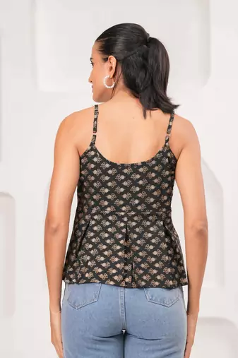 Black cotton printed top for women