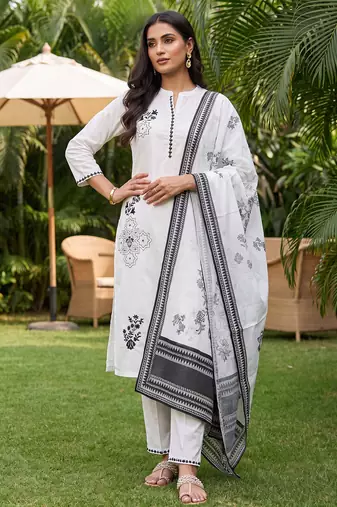 White printed straight kurta palazzo with dupatta set