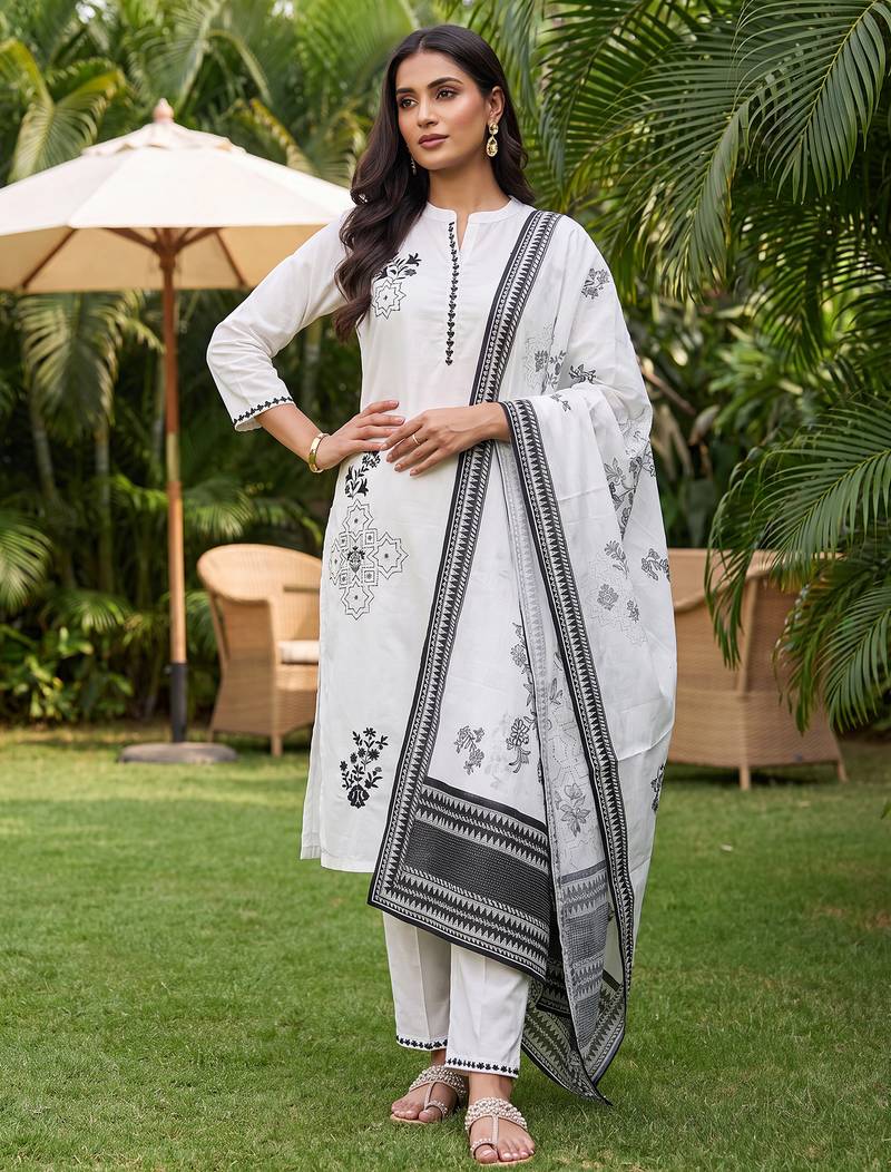 White printed straight kurta palazzo with dupatta set