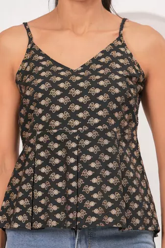 Black cotton printed top for women