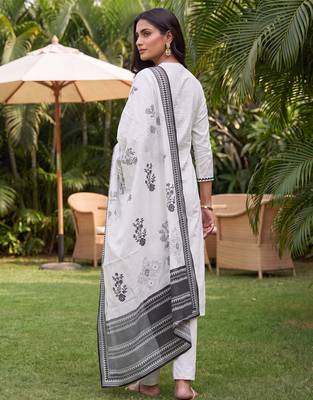White printed straight kurta palazzo with dupatta set 3