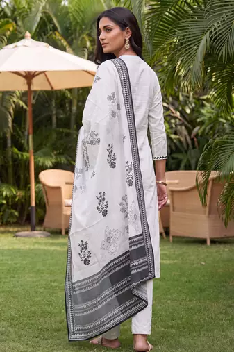 White printed straight kurta palazzo with dupatta set