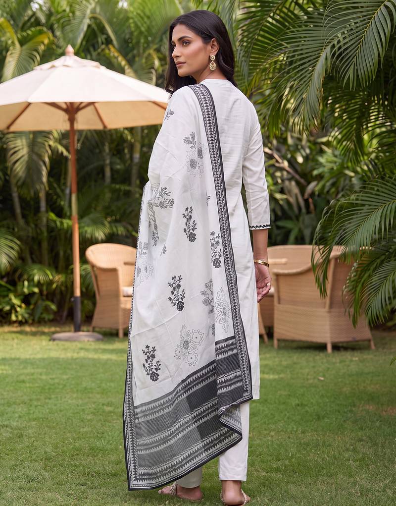 White printed straight kurta palazzo with dupatta set
