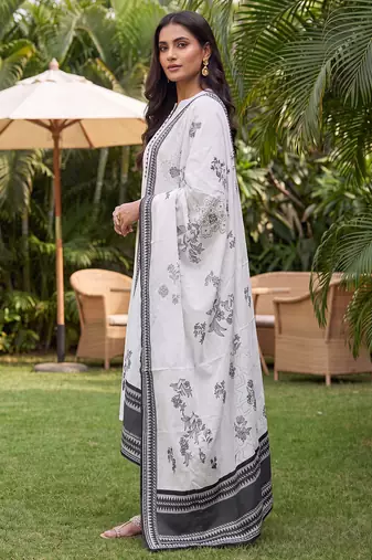 White printed straight kurta palazzo with dupatta set
