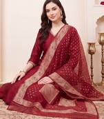 Maroon solid straight kurta trousers with dupatta set