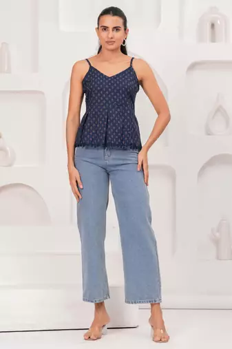 Navy-blue cotton printed top for women