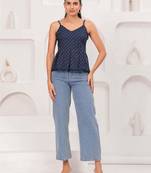 Navy-blue cotton printed top for women