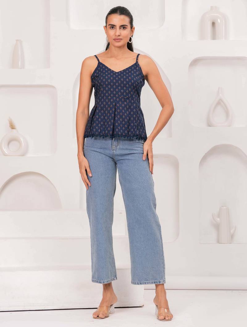 Navy-blue cotton printed top for women