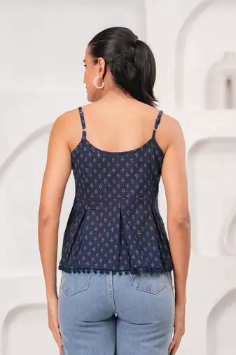 Navy-blue cotton printed top for women
