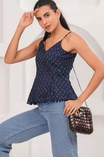 Navy-blue cotton printed top for women