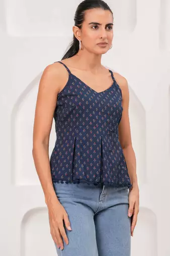 Navy-blue cotton printed top for women