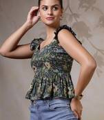 Green cotton printed top for women