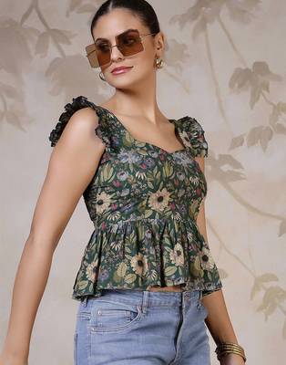 Green cotton printed top for women 3
