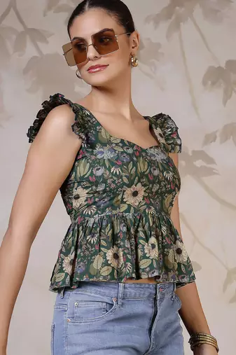 Green cotton printed top for women