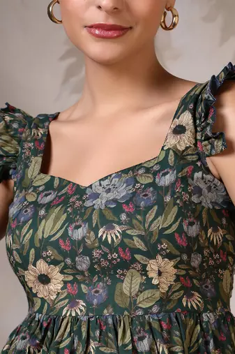 Green cotton printed top for women