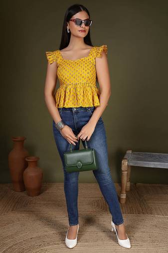 Yellow cotton printed top for women