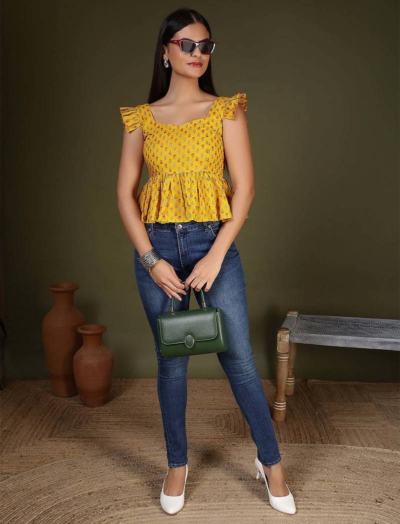 Yellow cotton printed top for women