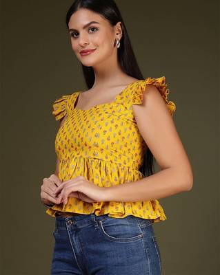 Yellow cotton printed top for women 2
