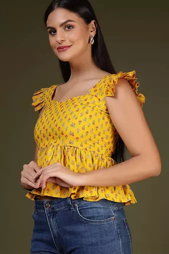 Yellow cotton printed top for women