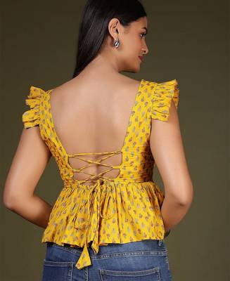 Yellow cotton printed top for women 3