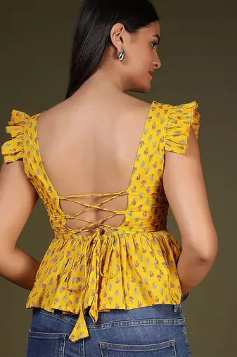 Yellow cotton printed top for women