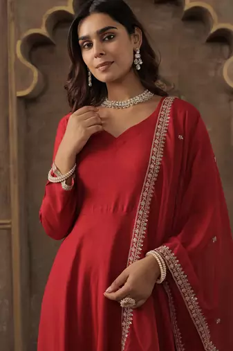 Red solid a-line kurta trousers with dupatta set
