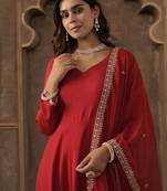 Red solid a-line kurta trousers with dupatta set