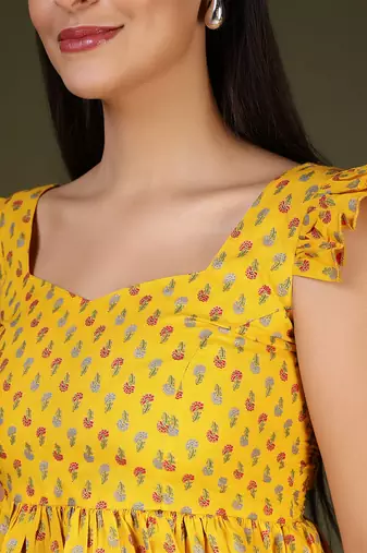 Yellow cotton printed top for women