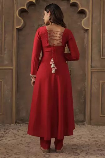 Red solid a-line kurta trousers with dupatta set