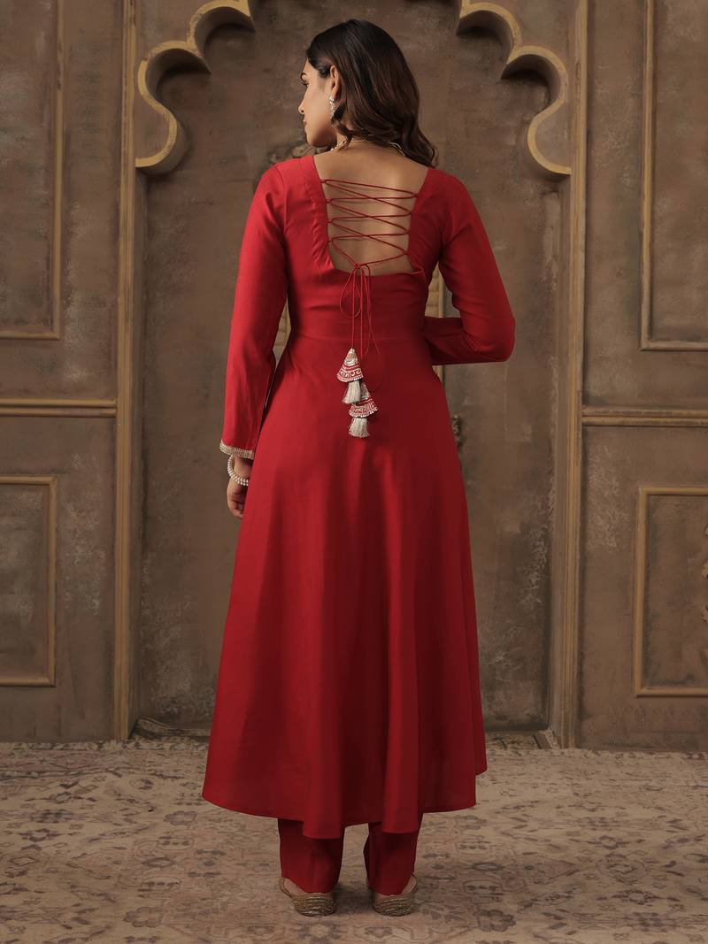 Red solid a-line kurta trousers with dupatta set
