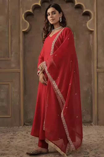 Red solid a-line kurta trousers with dupatta set