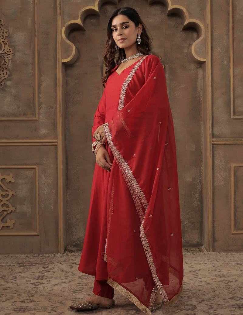 Red solid a-line kurta trousers with dupatta set