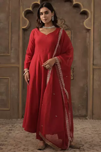 Red solid a-line kurta trousers with dupatta set