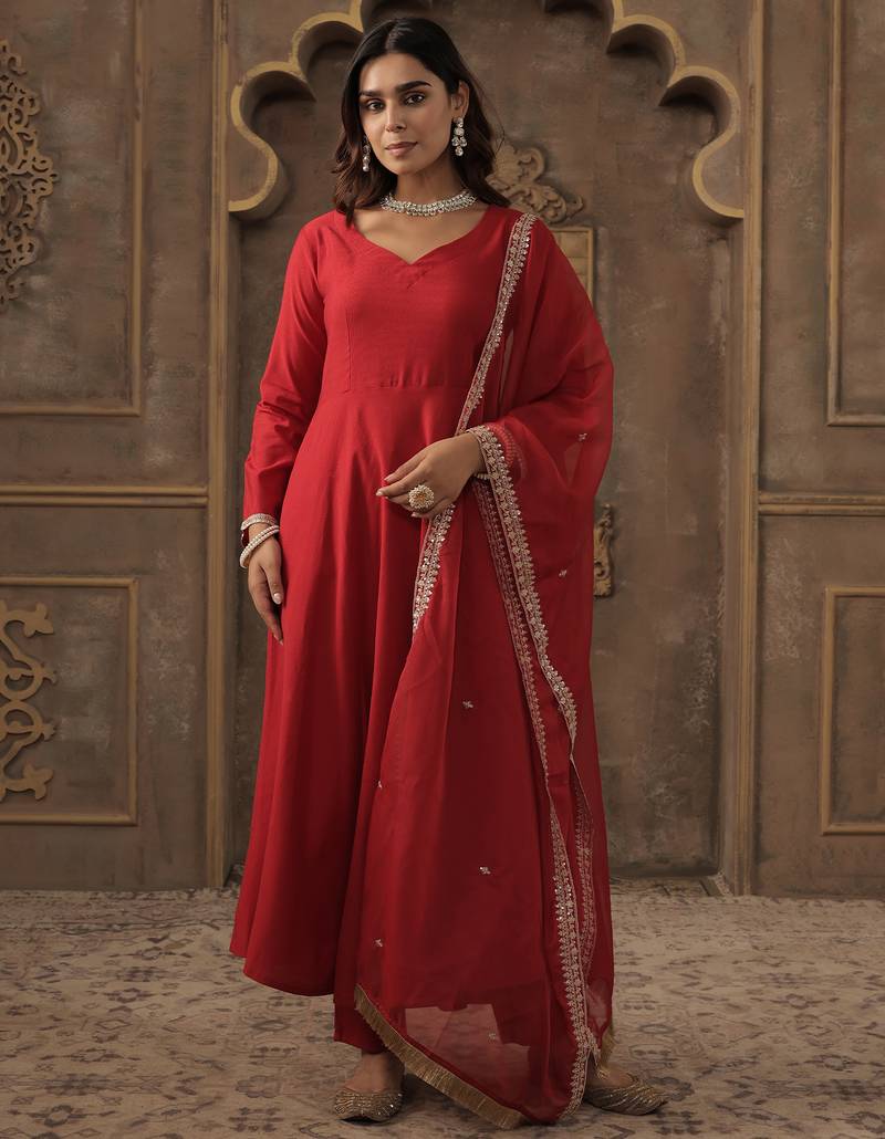 Red solid a-line kurta trousers with dupatta set