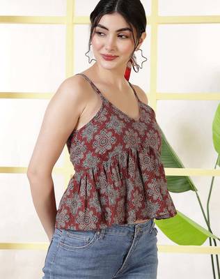 Maroon cotton printed top for women 3