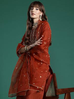 Orange embroidered straight kurta trousers with dupatta set 1
