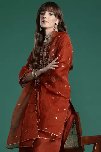 Orange embroidered straight kurta trousers with dupatta set